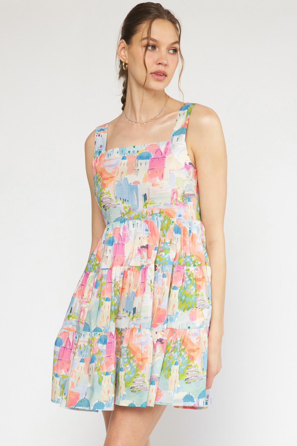 Print square neck sleeveless tiered mini dress featuring adjustable straps