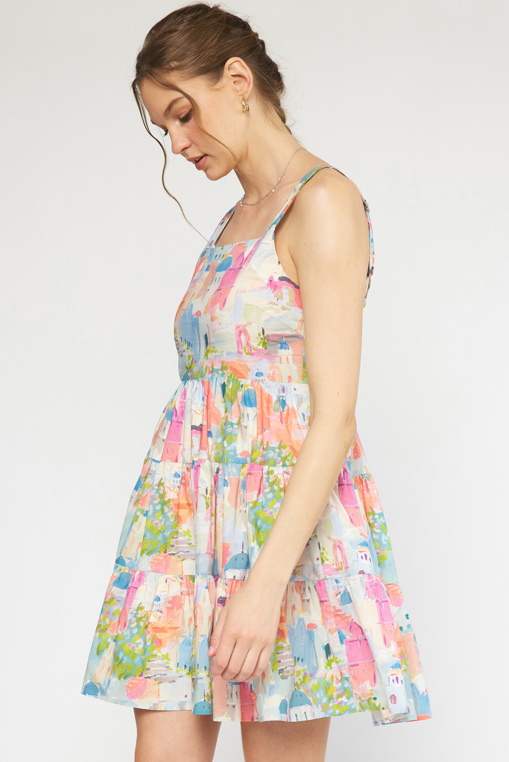 Print square neck sleeveless tiered mini dress featuring adjustable straps