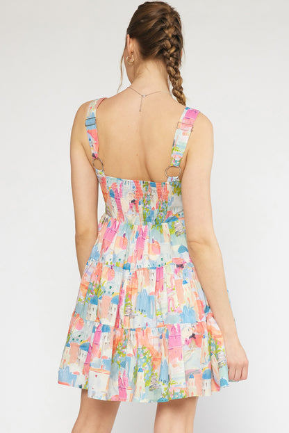 Print square neck sleeveless tiered mini dress featuring adjustable straps