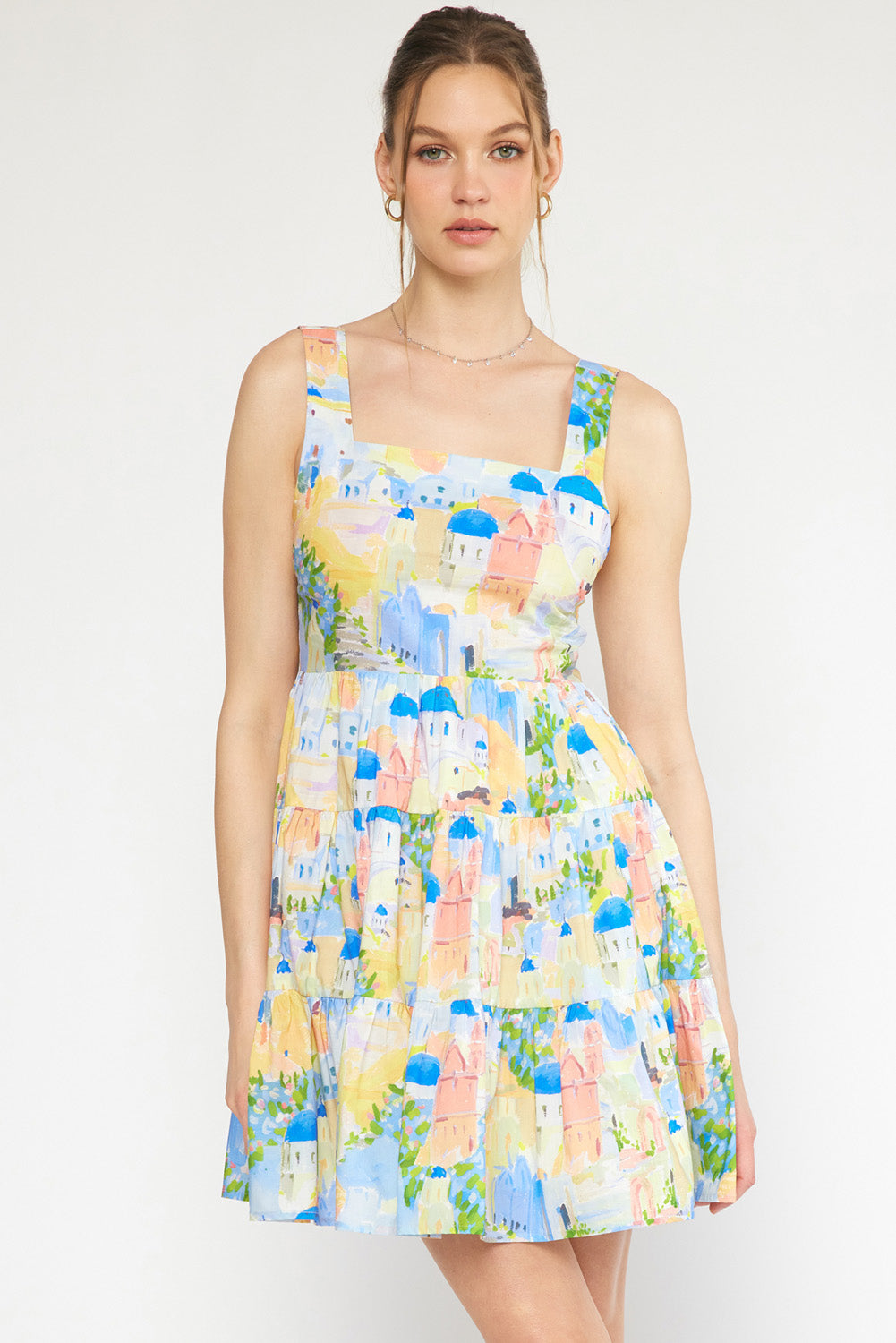 Print square neck sleeveless tiered mini dress featuring adjustable straps