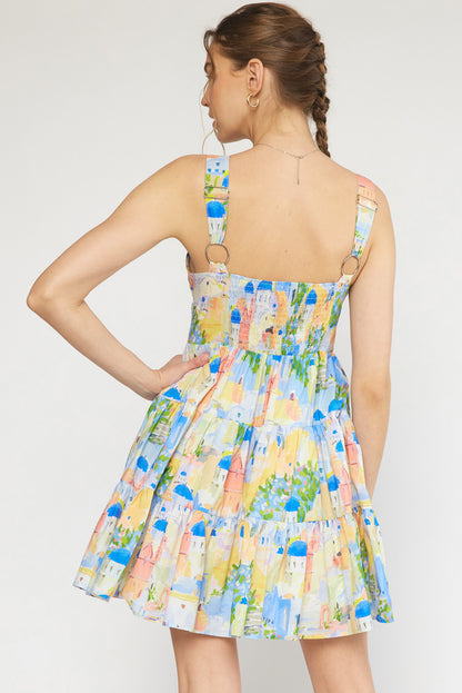 Print square neck sleeveless tiered mini dress featuring adjustable straps