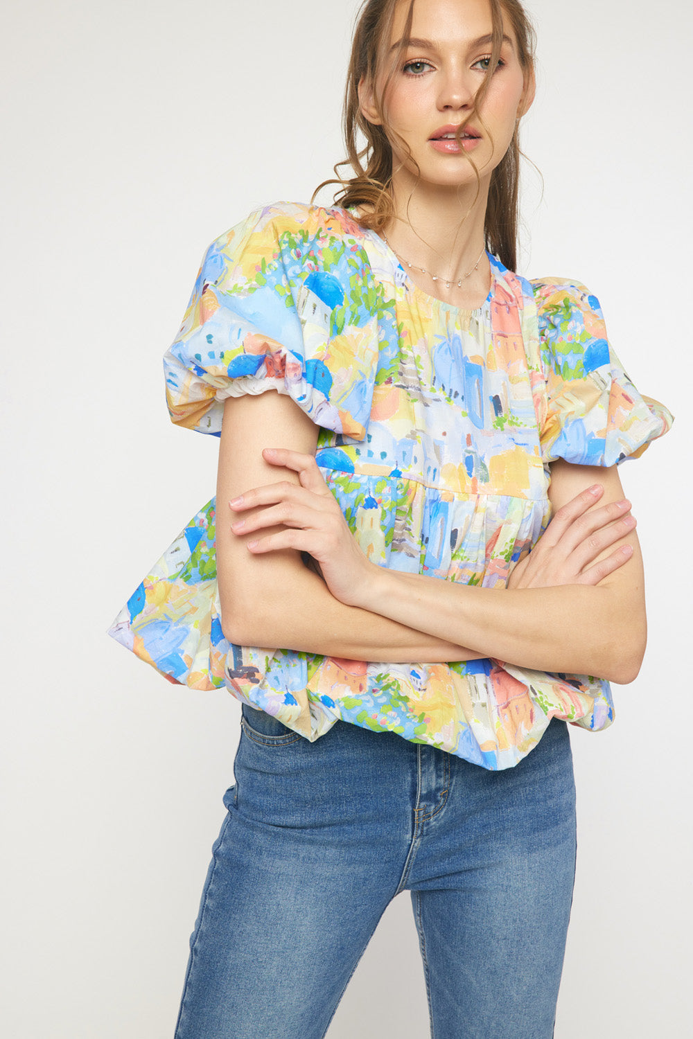 Print round neck puff sleeve peplum top featuring bubble hem