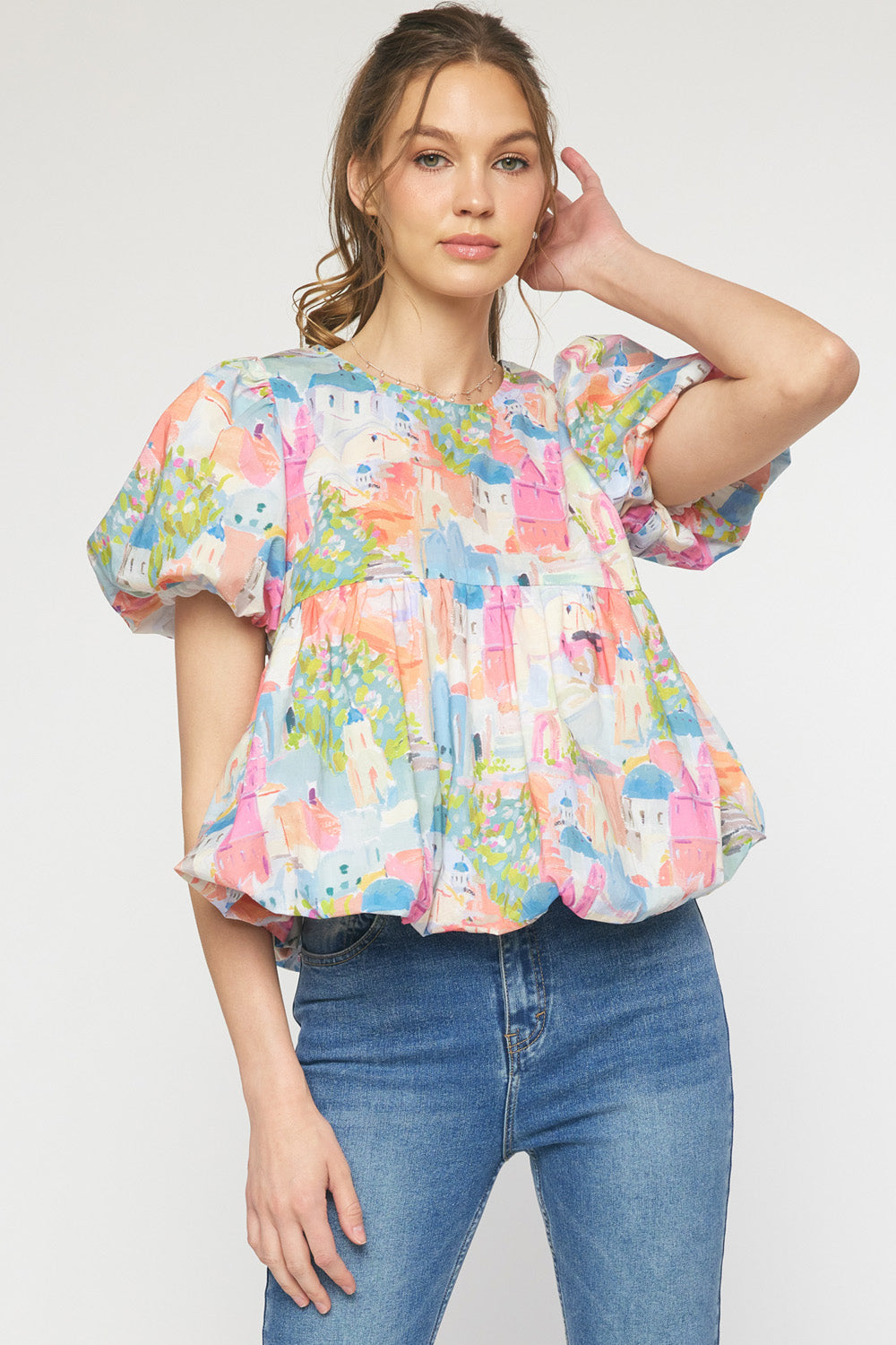 Print round neck puff sleeve peplum top featuring bubble hem