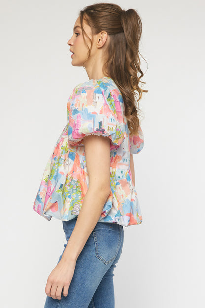 Print round neck puff sleeve peplum top featuring bubble hem