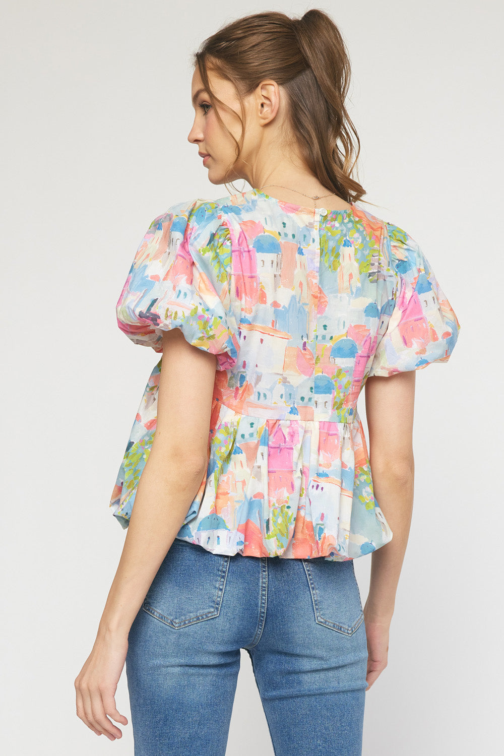 Print round neck puff sleeve peplum top featuring bubble hem