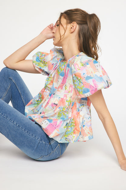 Print round neck puff sleeve peplum top featuring bubble hem