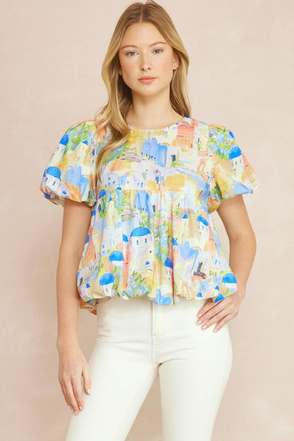 Print round neck puff sleeve peplum top featuring bubble hem