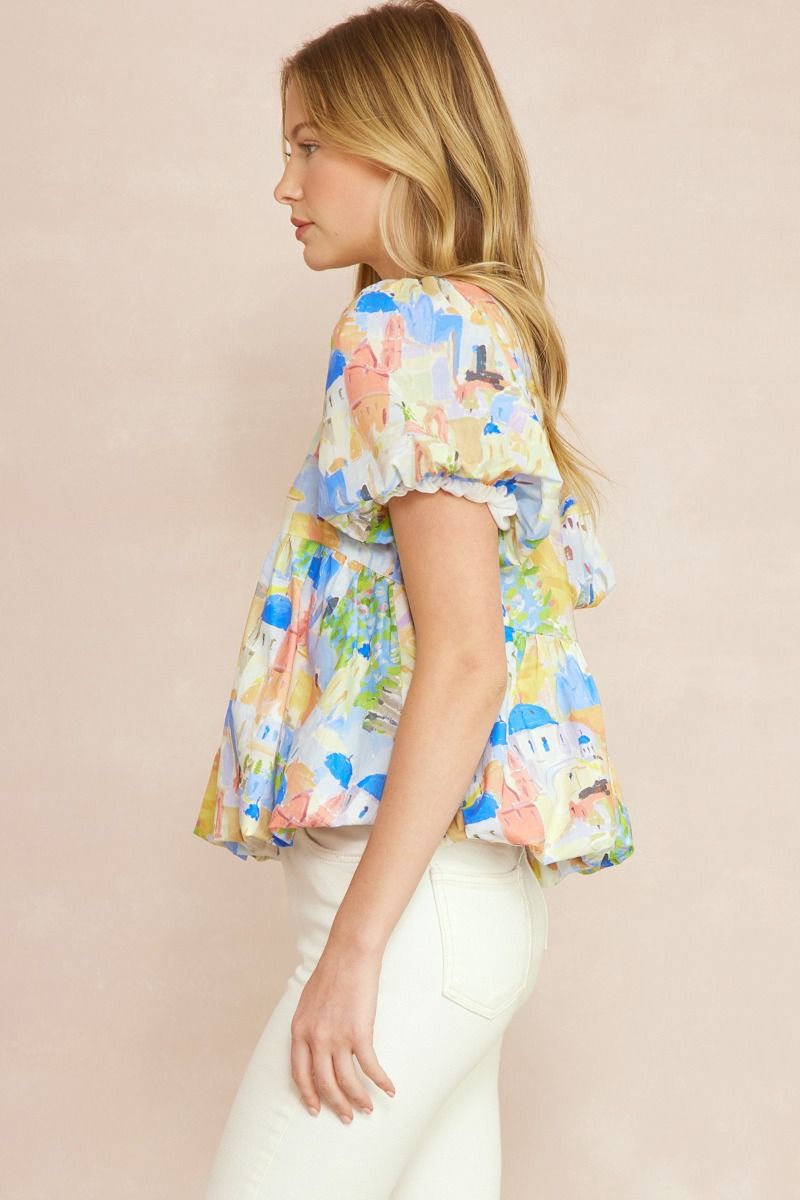 Print round neck puff sleeve peplum top featuring bubble hem