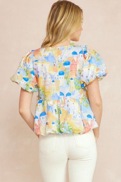 Print round neck puff sleeve peplum top featuring bubble hem