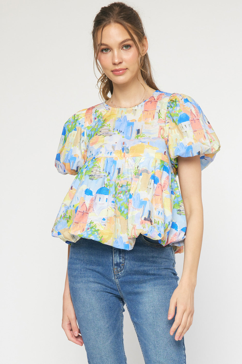 Print round neck puff sleeve peplum top featuring bubble hem