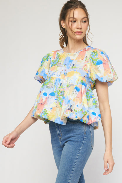 Print round neck puff sleeve peplum top featuring bubble hem