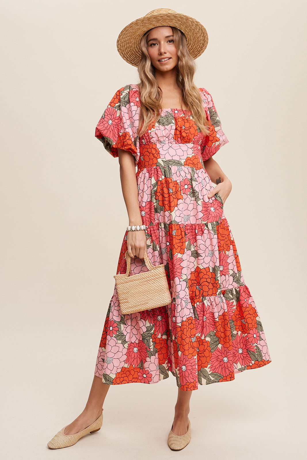 Flower Print Puff Sleeve Tiered Midi Dress