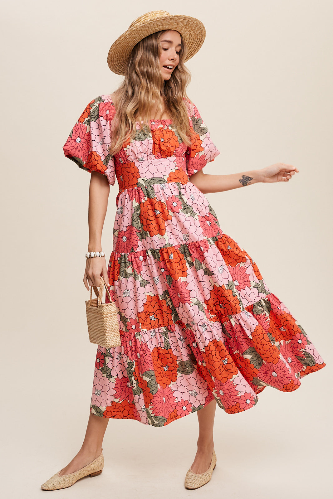 Flower Print Puff Sleeve Tiered Midi Dress