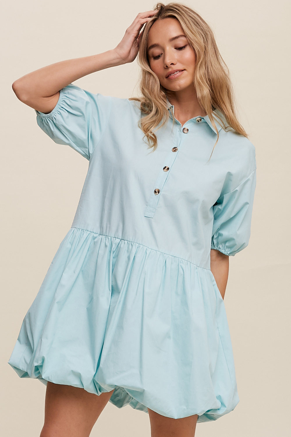 Button Front Bubble Mini Dress