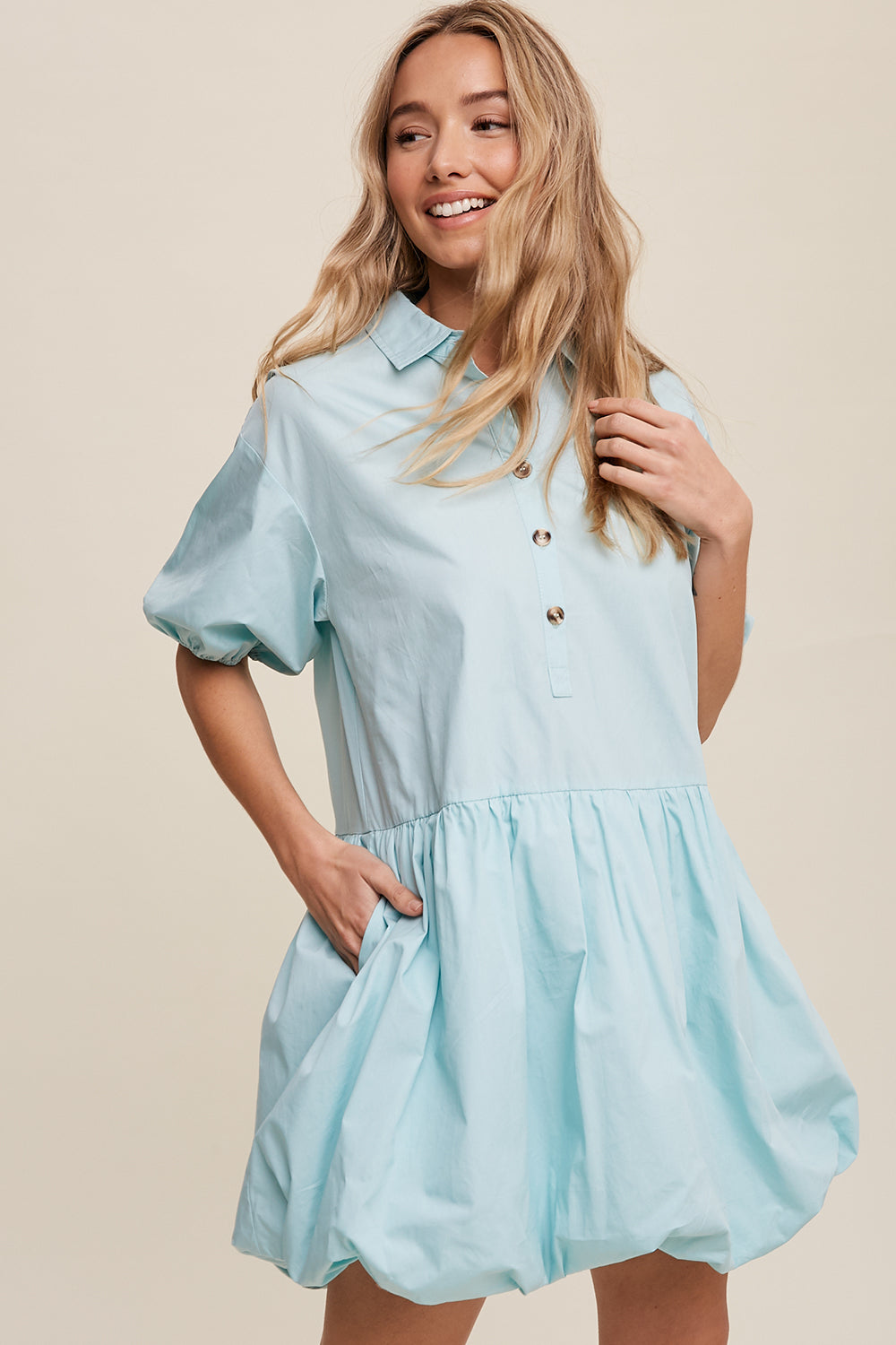 Button Front Bubble Mini Dress