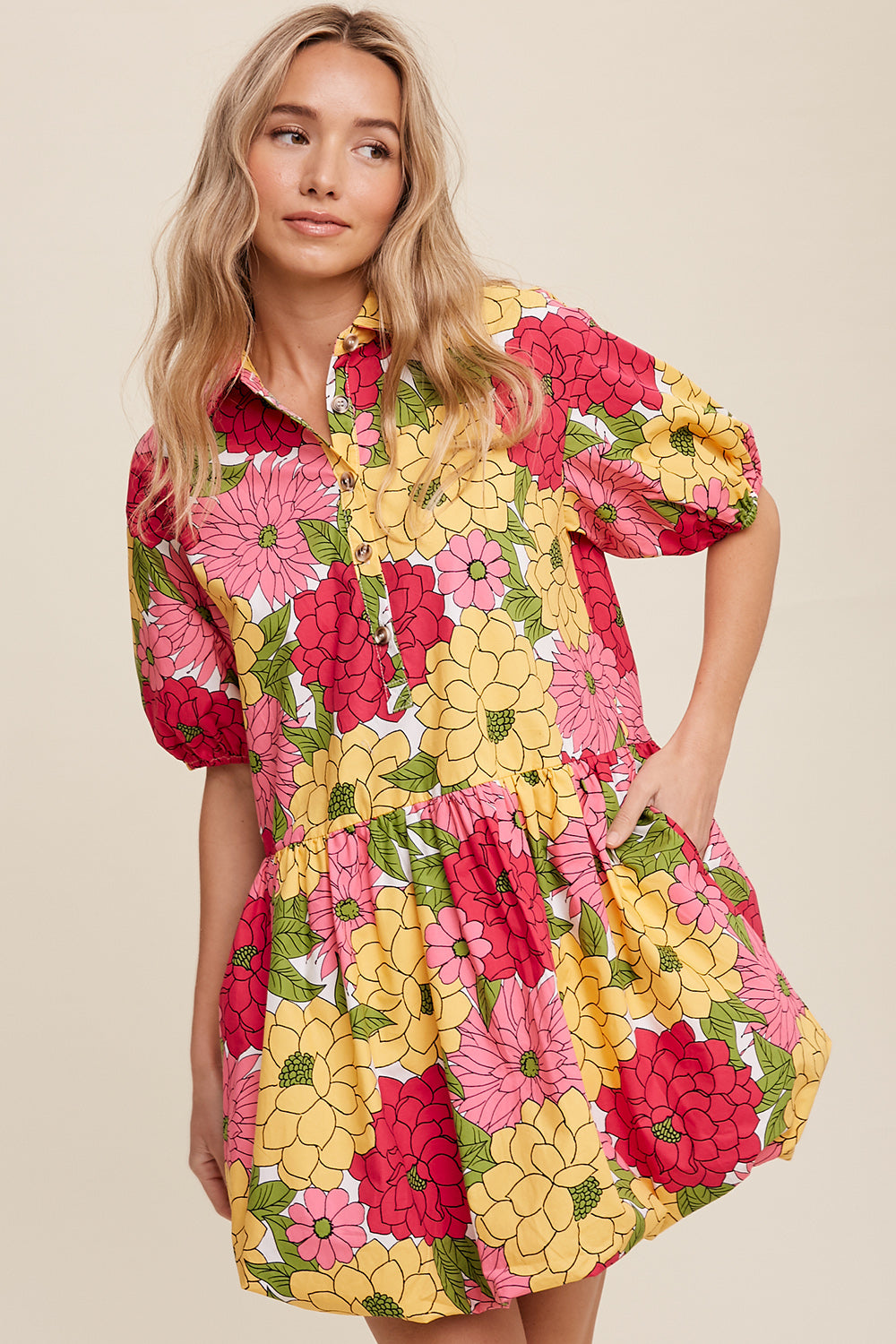 Flower Print Button Front Bubble Mini Dress