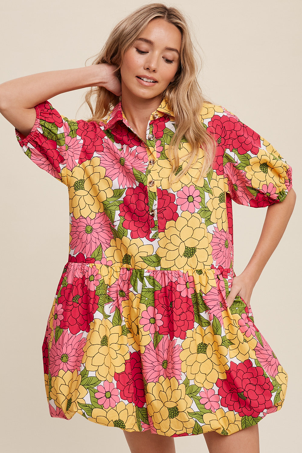 Flower Print Button Front Bubble Mini Dress