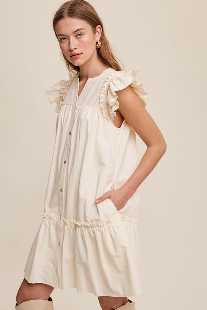 Button down Poplin Dress with Ruffle Sleeves