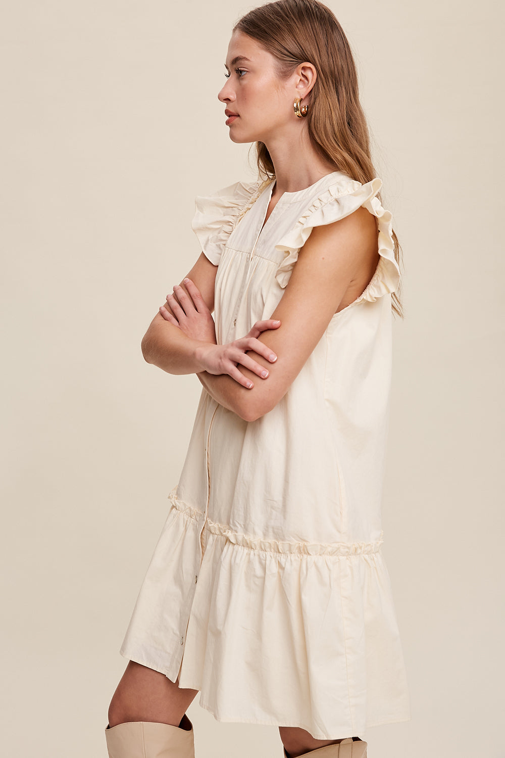 Button down Poplin Dress with Ruffle Sleeves