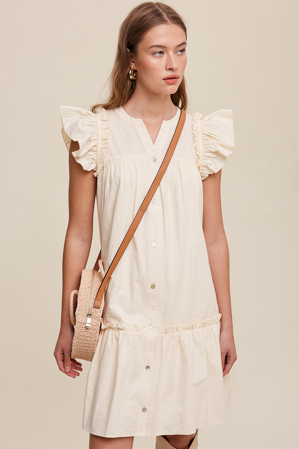 Button down Poplin Dress with Ruffle Sleeves