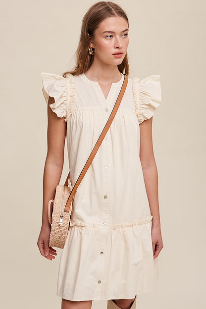 Button down Poplin Dress with Ruffle Sleeves