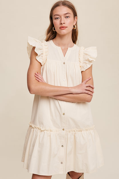 Button down Poplin Dress with Ruffle Sleeves