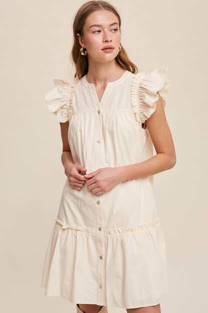 Button down Poplin Dress with Ruffle Sleeves