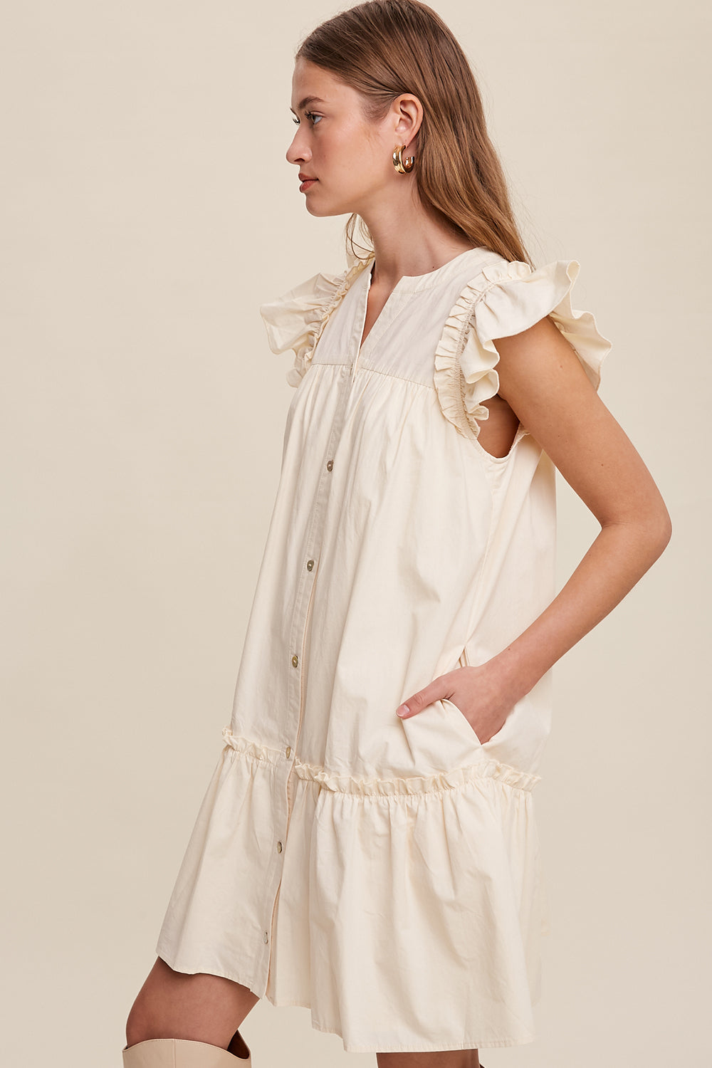 Button down Poplin Dress with Ruffle Sleeves