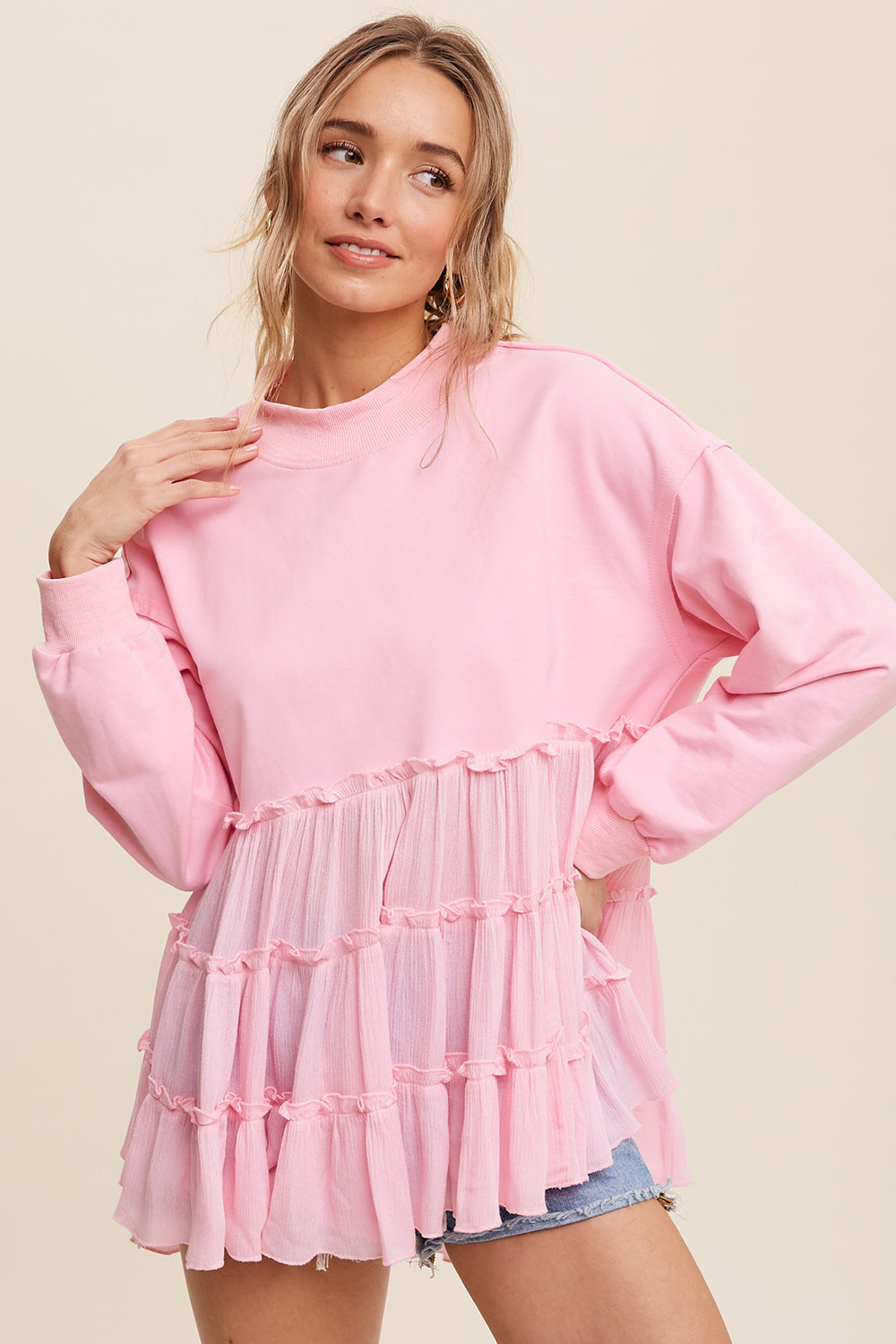 Crew Neck Sweat Top with Tiered Babydoll Contrast