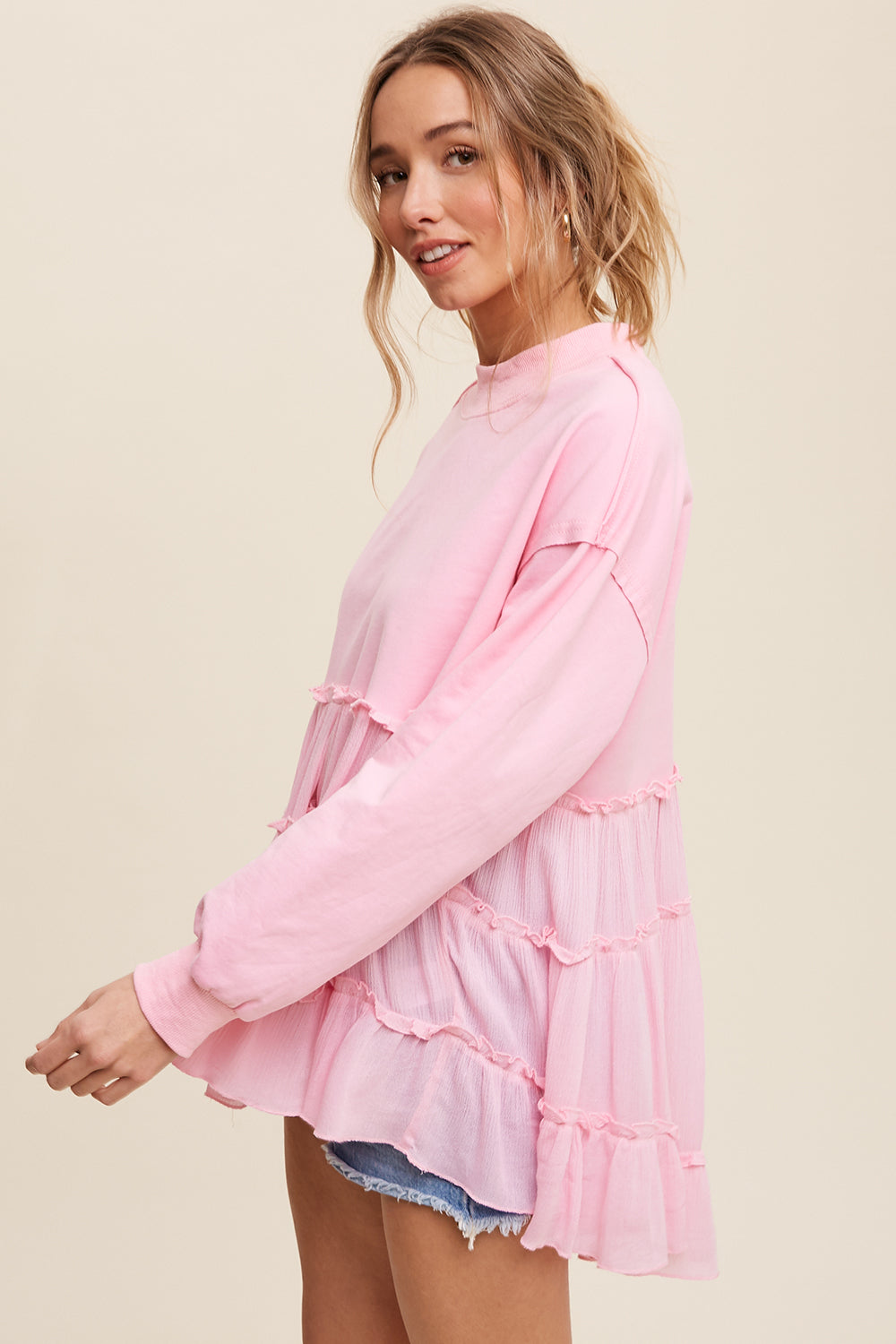 Crew Neck Sweat Top with Tiered Babydoll Contrast