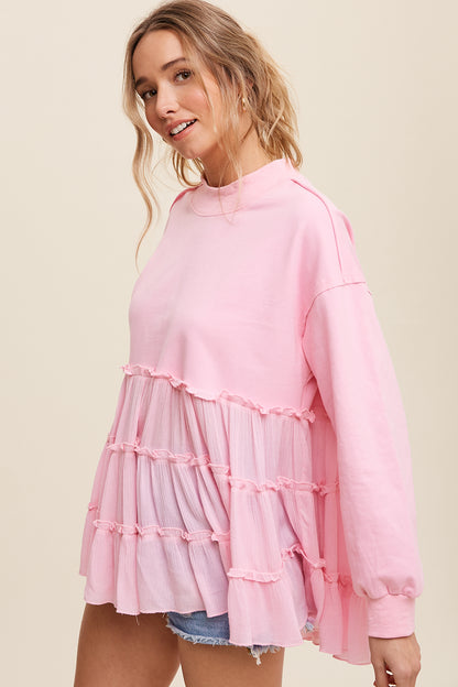 Crew Neck Sweat Top with Tiered Babydoll Contrast