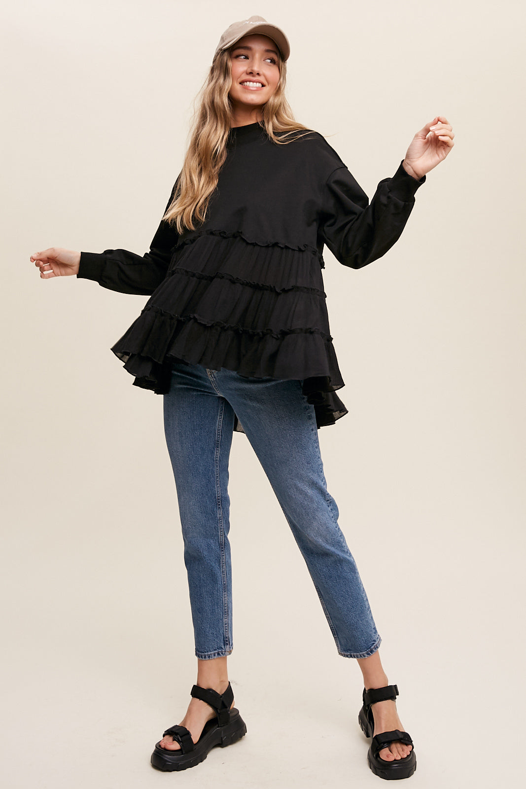 Crew Neck Sweat Top with Tiered Babydoll Contrast