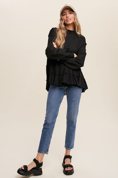 Crew Neck Sweat Top with Tiered Babydoll Contrast