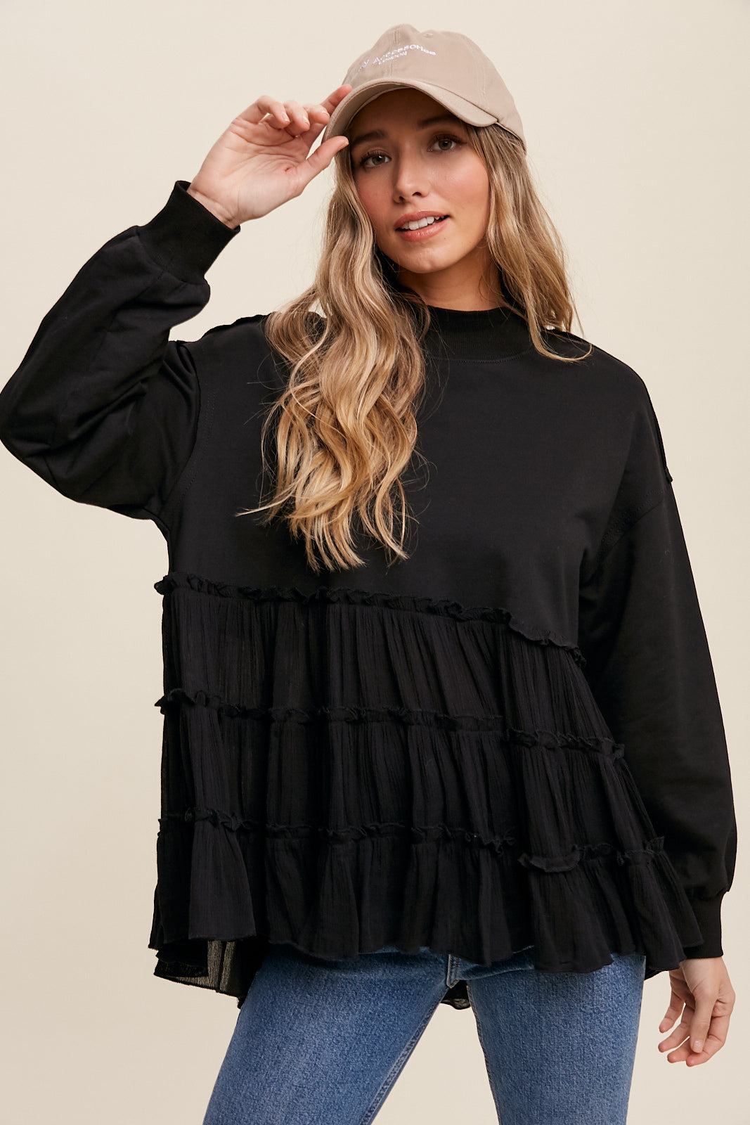 Crew Neck Sweat Top with Tiered Babydoll Contrast