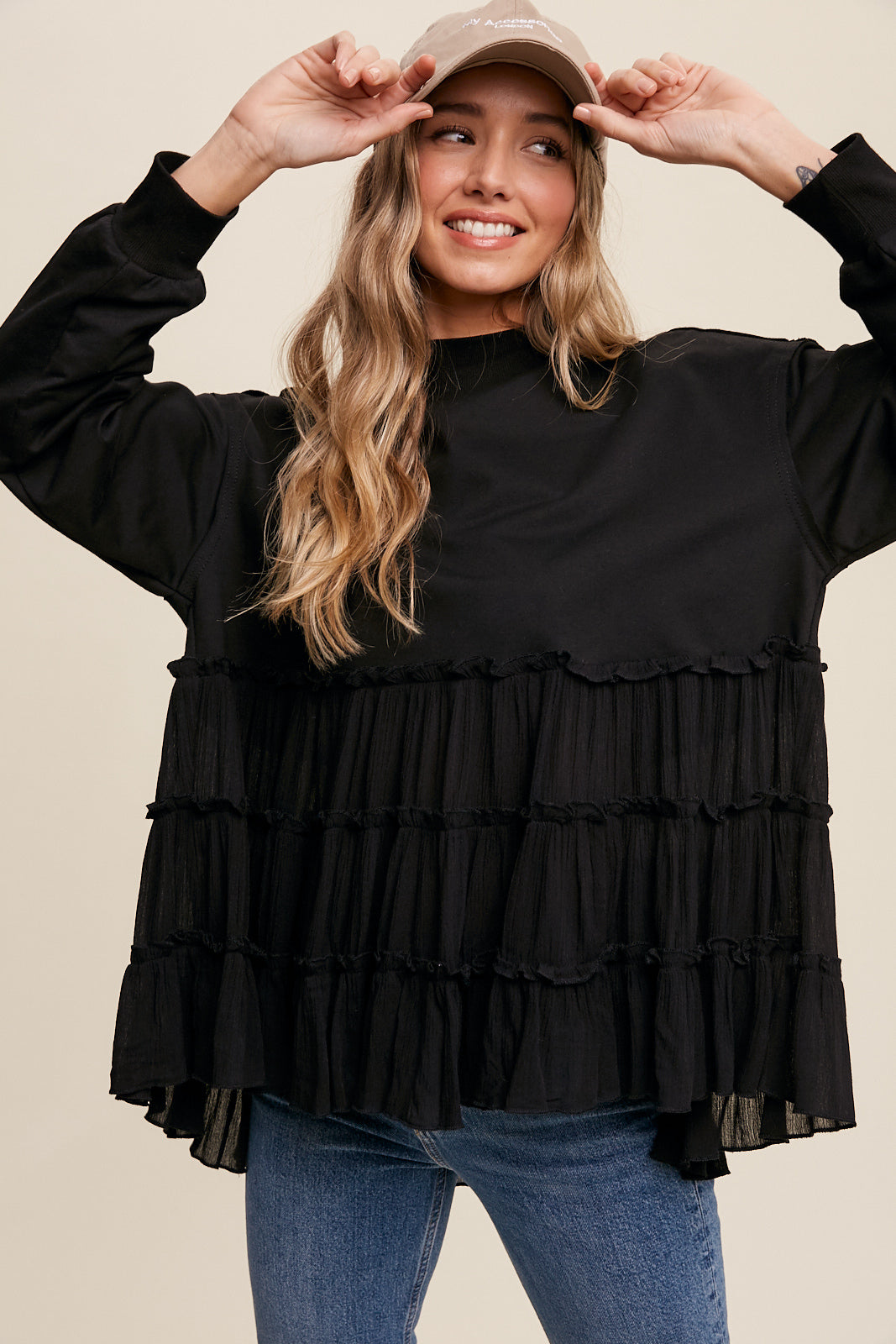 Crew Neck Sweat Top with Tiered Babydoll Contrast