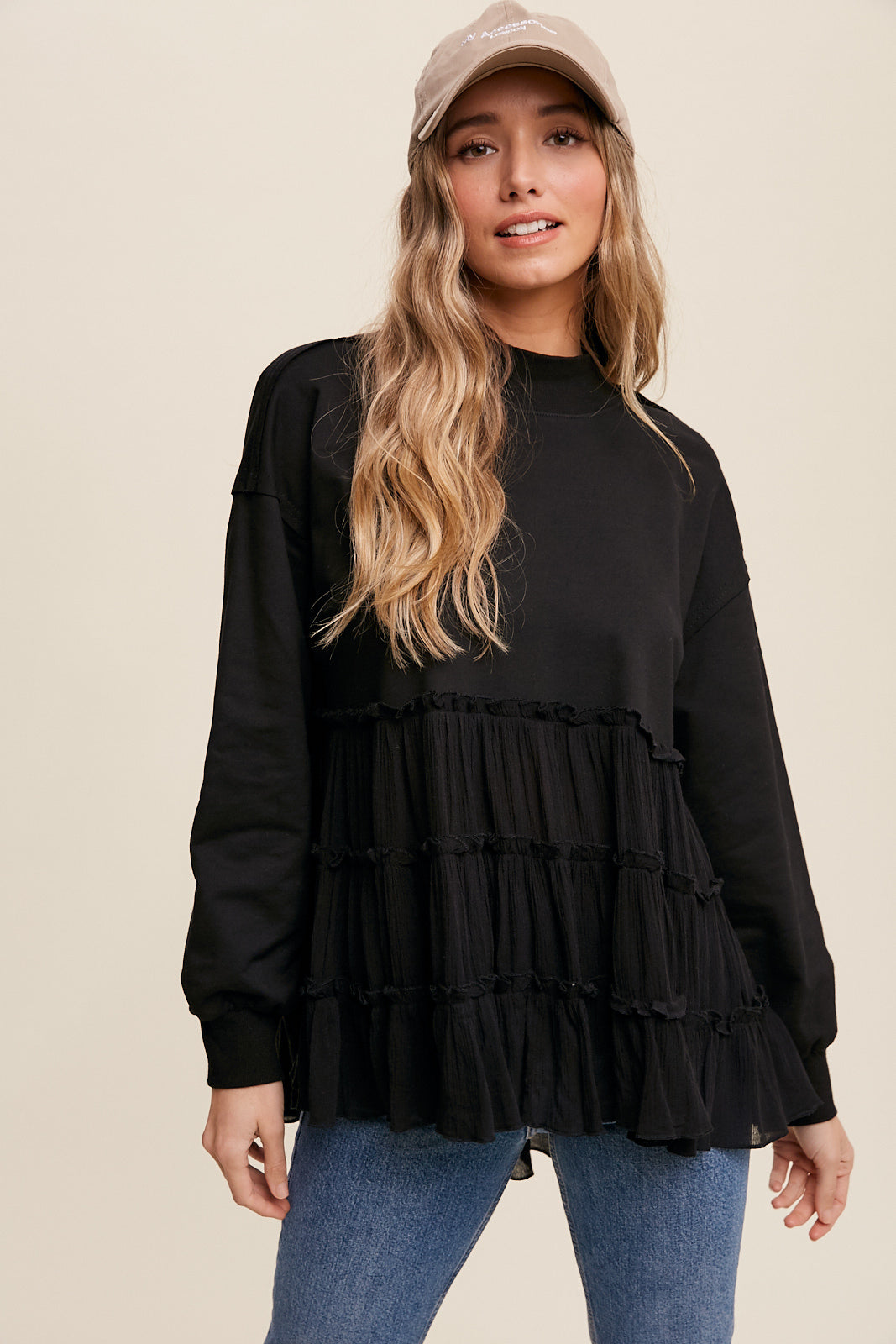 Crew Neck Sweat Top with Tiered Babydoll Contrast