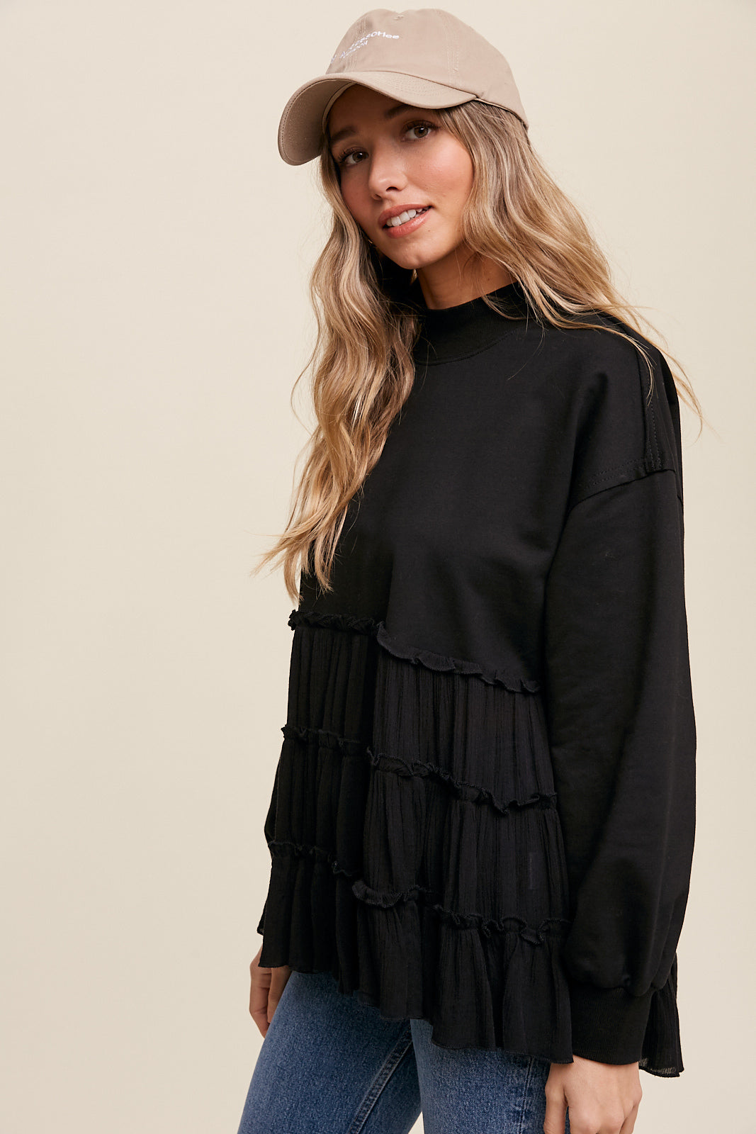 Crew Neck Sweat Top with Tiered Babydoll Contrast