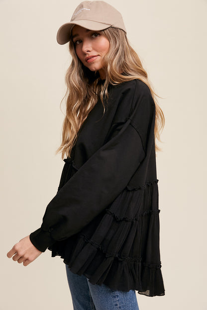 Crew Neck Sweat Top with Tiered Babydoll Contrast