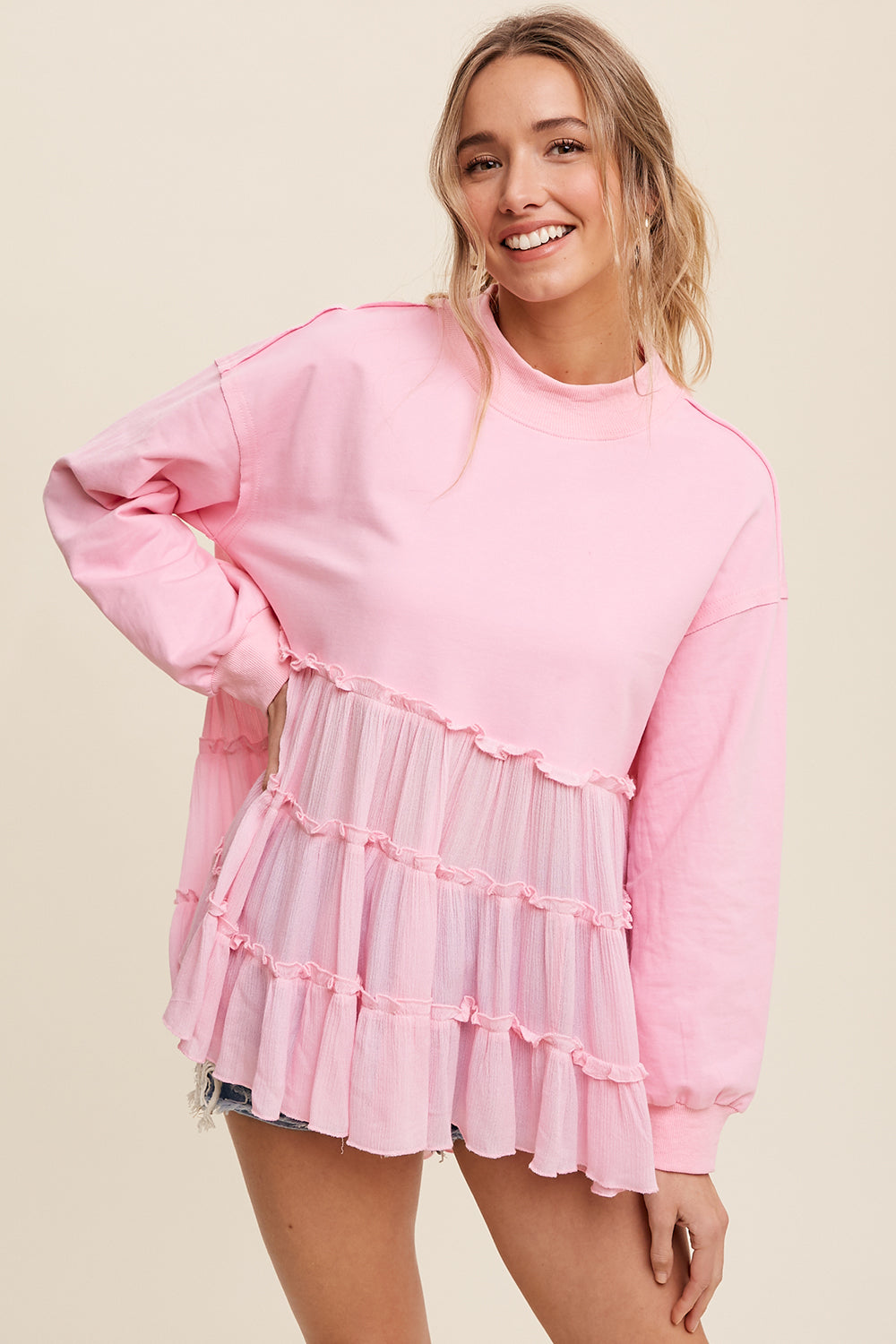 Crew Neck Sweat Top with Tiered Babydoll Contrast