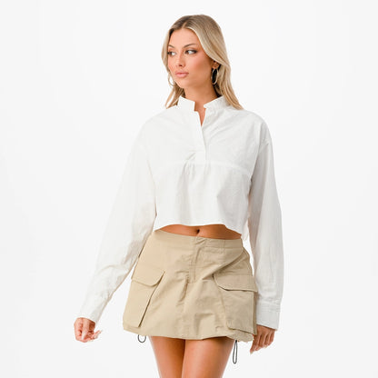 Mandarin Collar Long Sleeve Cropped Shirt