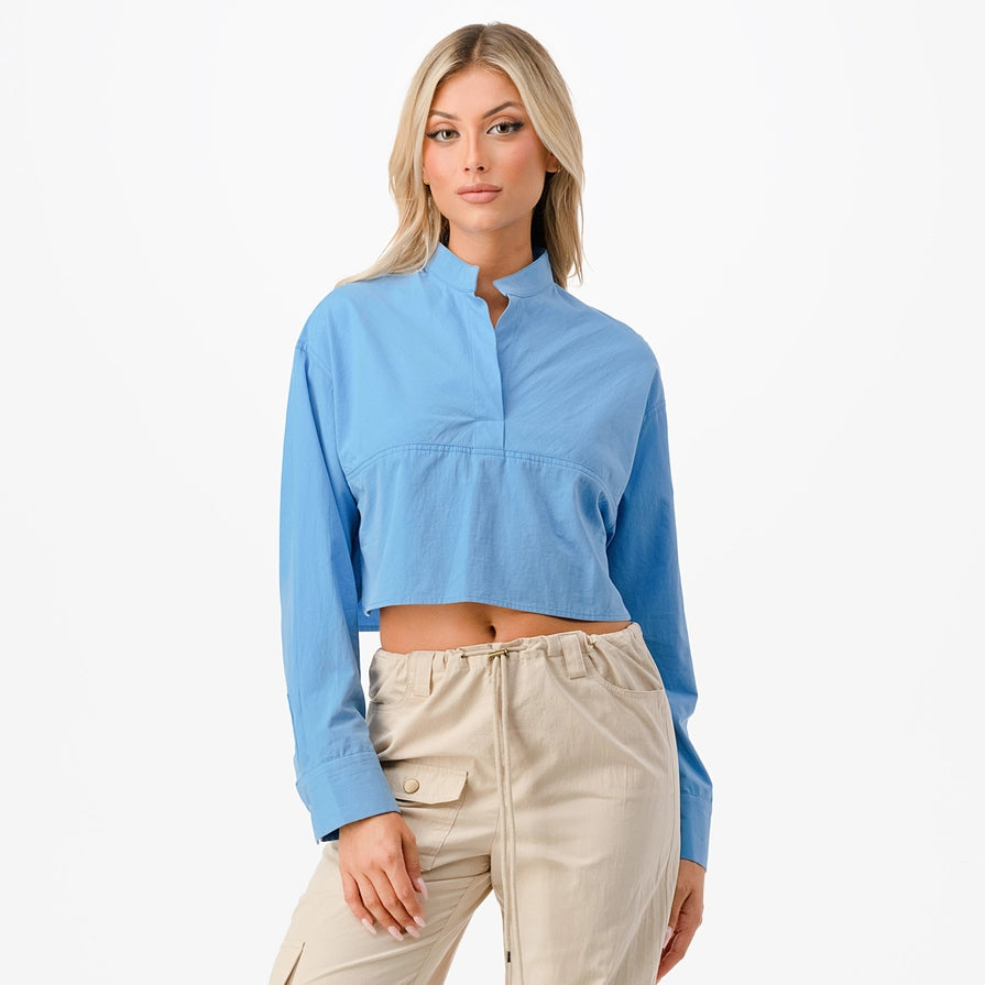 Mandarin Collar Long Sleeve Cropped Shirt