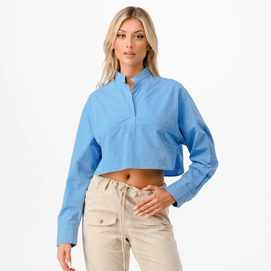 Mandarin Collar Long Sleeve Cropped Shirt