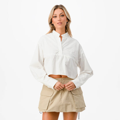 Mandarin Collar Long Sleeve Cropped Shirt