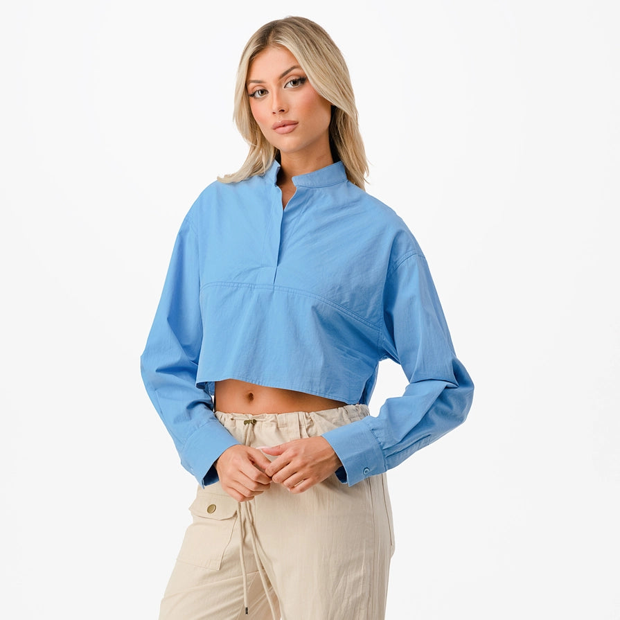 Mandarin Collar Long Sleeve Cropped Shirt