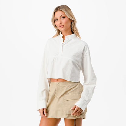 Mandarin Collar Long Sleeve Cropped Shirt