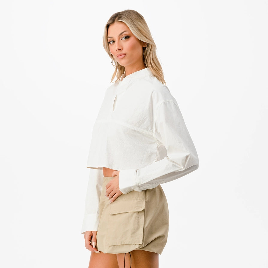 Mandarin Collar Long Sleeve Cropped Shirt