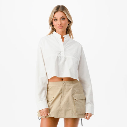 Mandarin Collar Long Sleeve Cropped Shirt