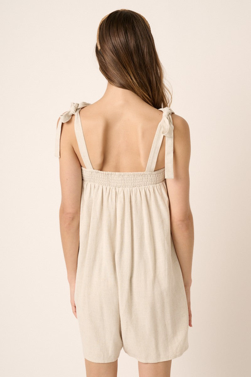 Tie Detail Smocked Neckline Wide Leg Romper