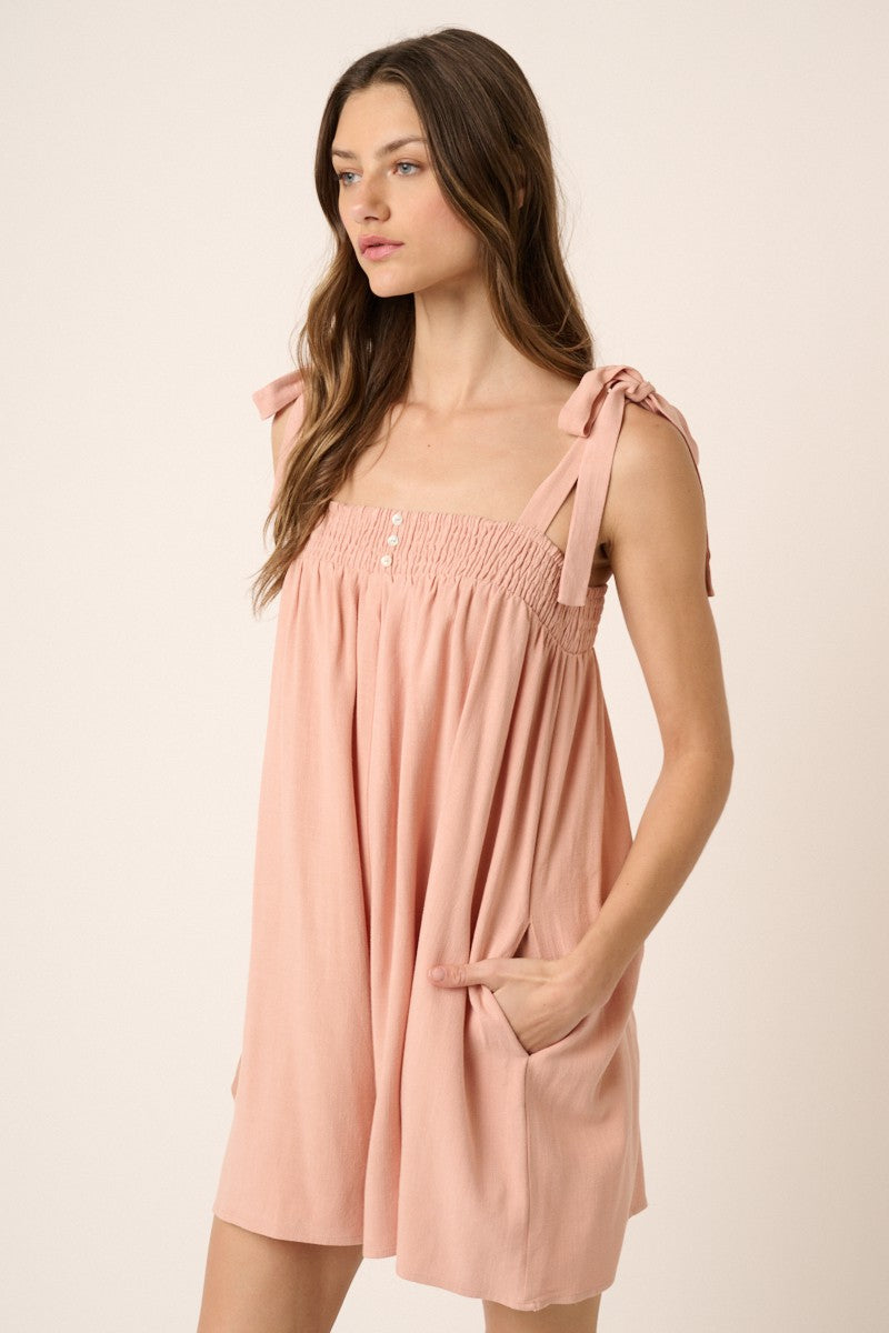 Tie Detail Smocked Neckline Wide Leg Romper