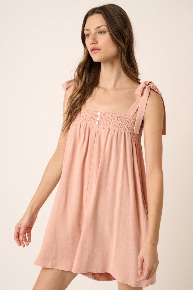 Tie Detail Smocked Neckline Wide Leg Romper